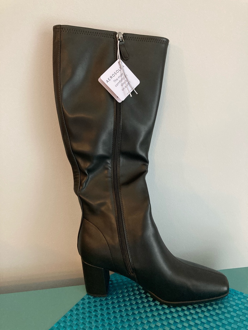 AEROSOLES Black Knee-High Block Heel Boots Faux Leather Women Size 8.5 - Picture 2 of 15
